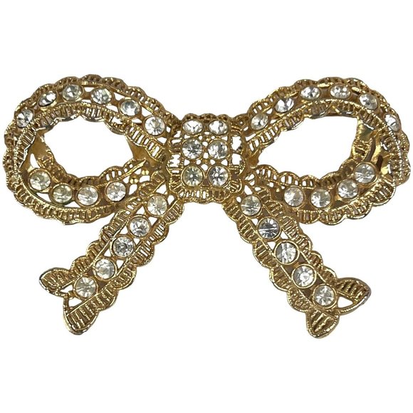 Vintage Large Clear Rhinestone Bow Brooch Gold Tone Pin 3 3/4 Inch L N - Picture 1 of 10